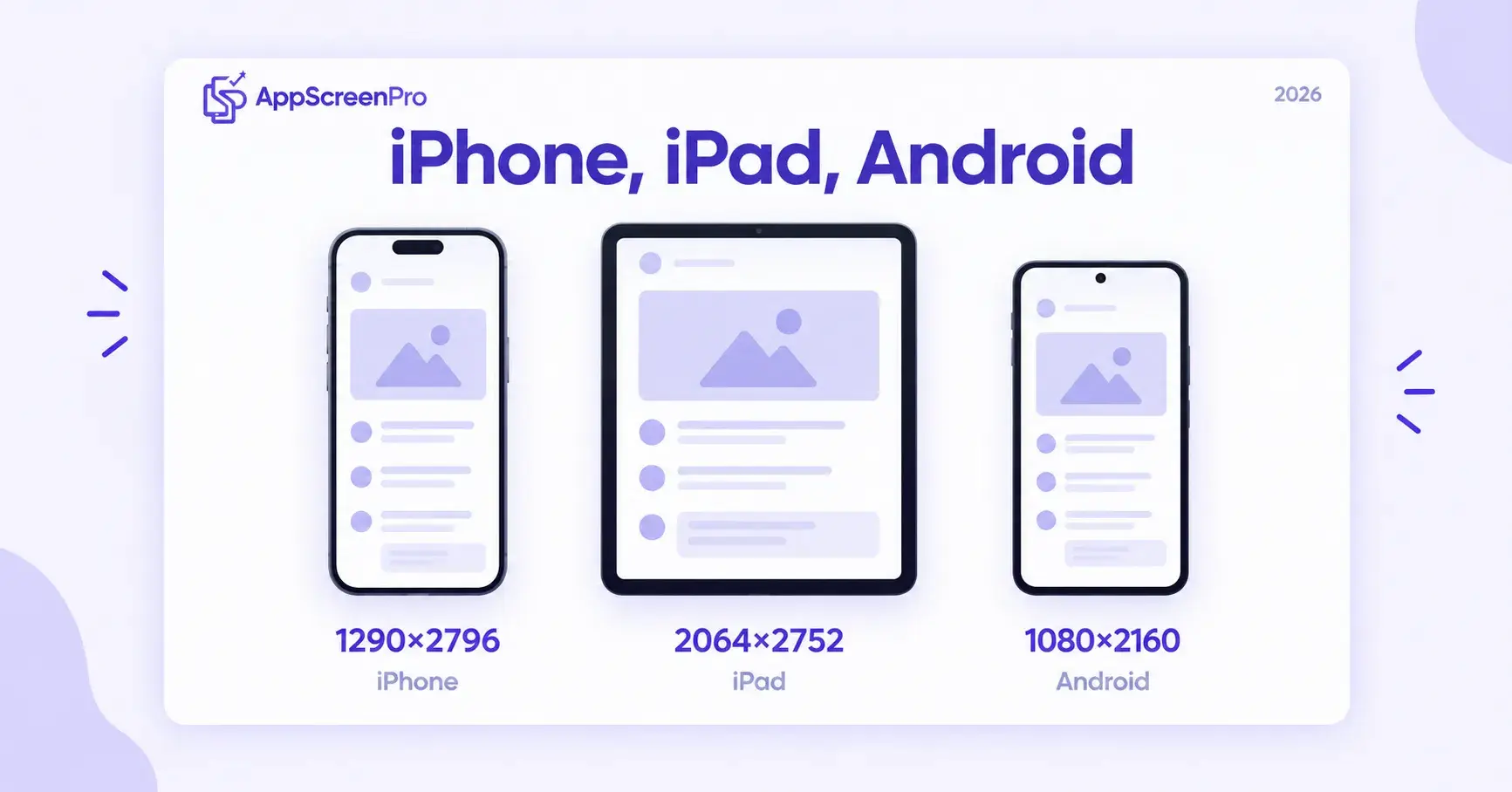 Three listing canvases side by side: iPhone 1290×2796, iPad 2064×2752, and Android 1080×2160 on AppScreenPro